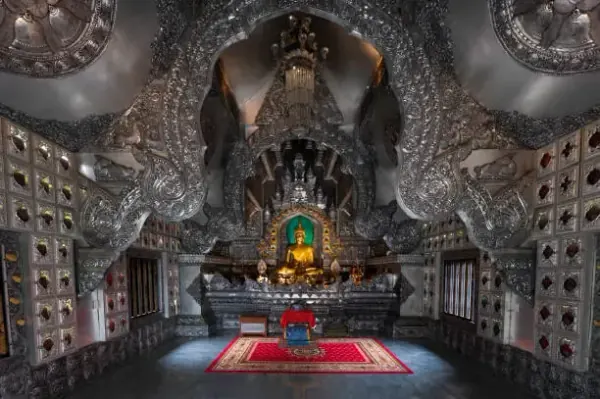 Silver-toned temple interior in Chiang Mai