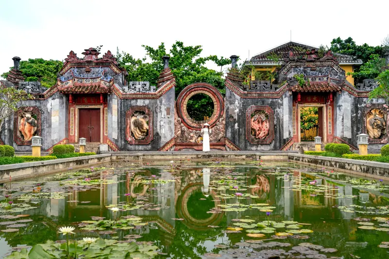 Historic temple with a tranquil lotus pond